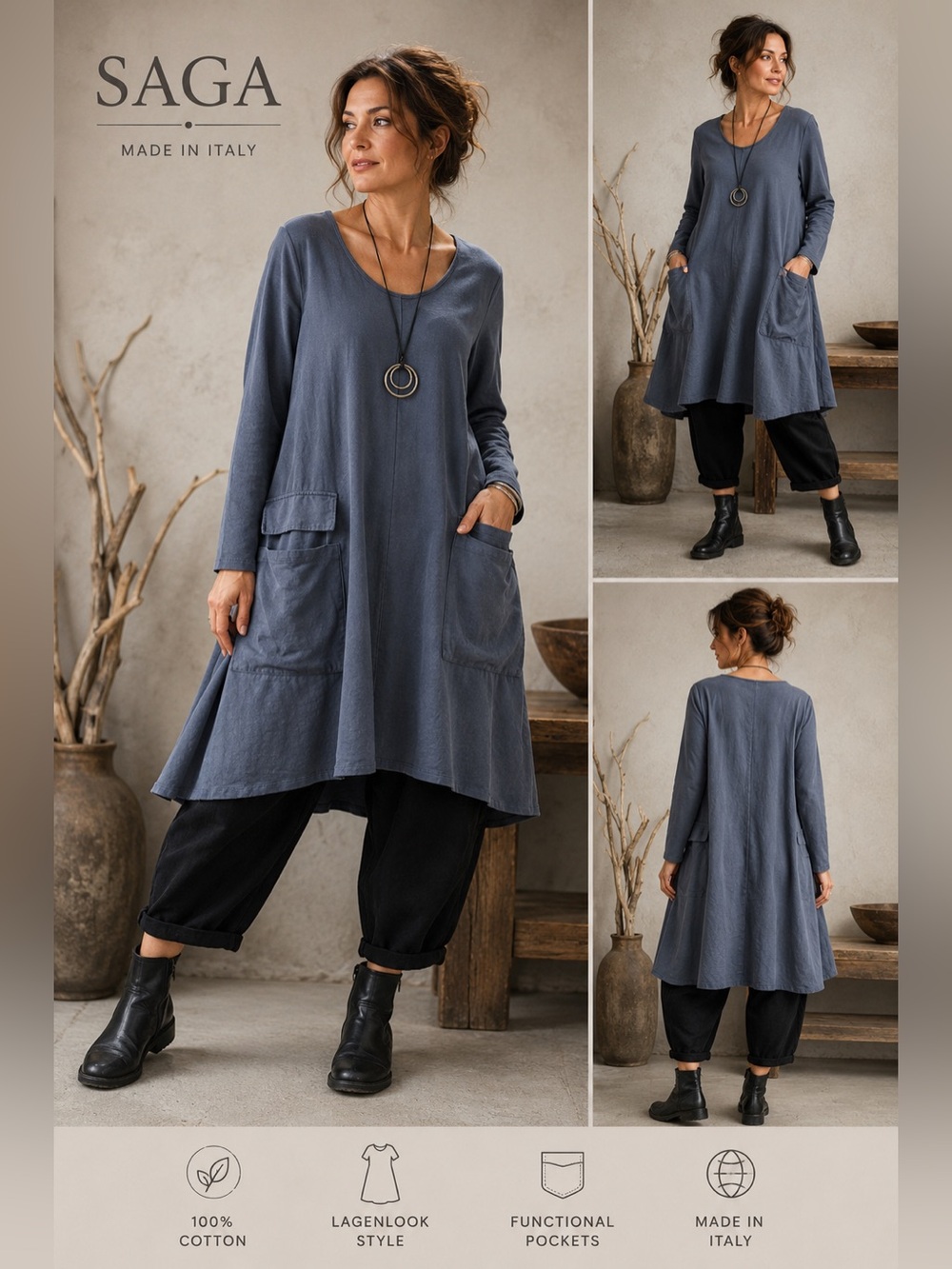 Saga Made in Italy Lagenlook Cotton Tunic Dress Oversized OS Pockets Blue Boho V